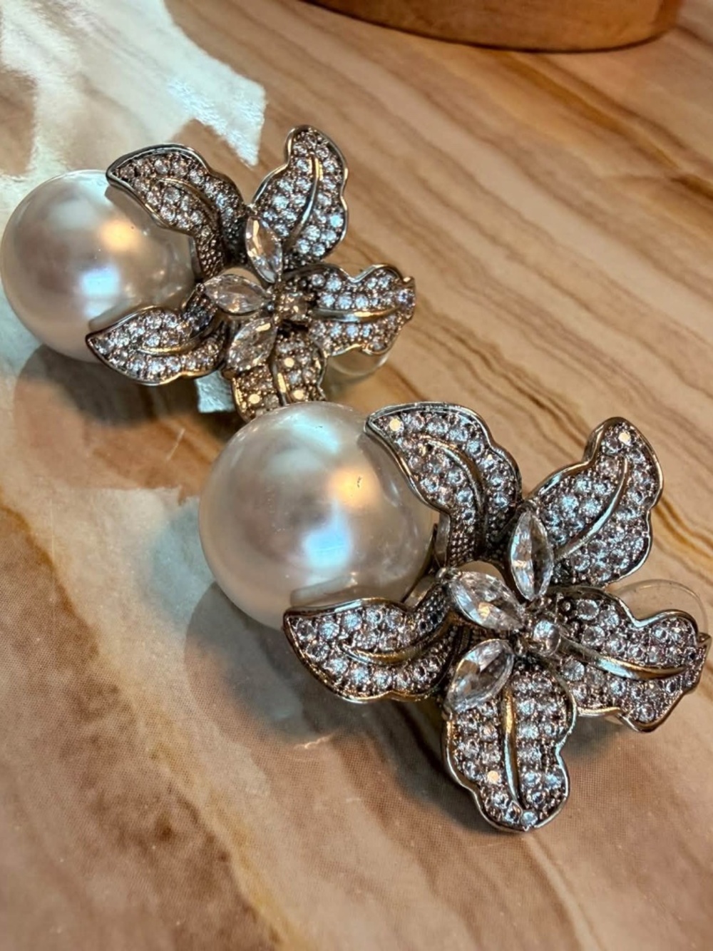 Statement Faux Pearl Floral Rhinestone Post Earrings Silver Tone Glam